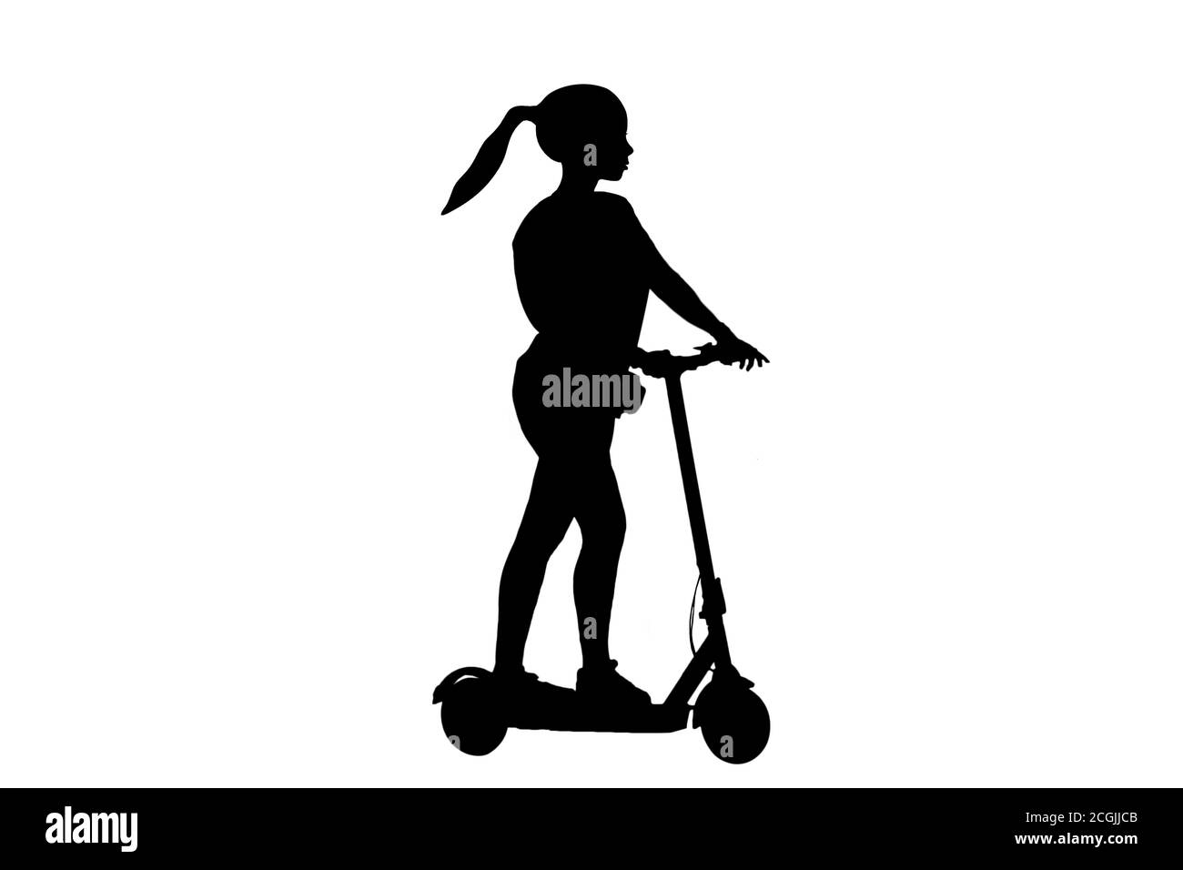 silhouette di una donna che guida uno scooter elettrico Foto Stock