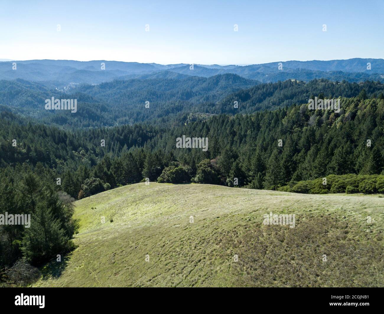 Panoramica VI - Vista aerea dell'area ricreativa statale di Austin Creek. Guerneville, California, Stati Uniti Foto Stock