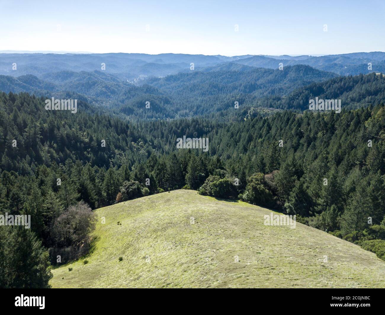 Panoramica V - Vista aerea dell'area ricreativa statale di Austin Creek. Guerneville, California, Stati Uniti Foto Stock