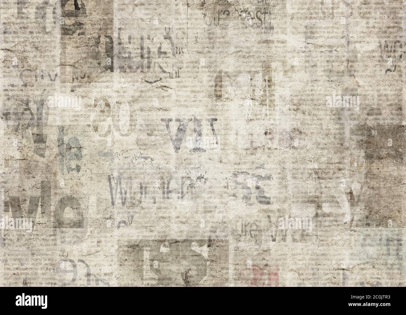Giornale con vecchio testo illeggibile. Vintage grunge carta sfocata news texture sfondo orizzontale. Pagina con texture. Collage beige grigio. Vista frontale dall'alto Illustrazione Vettoriale