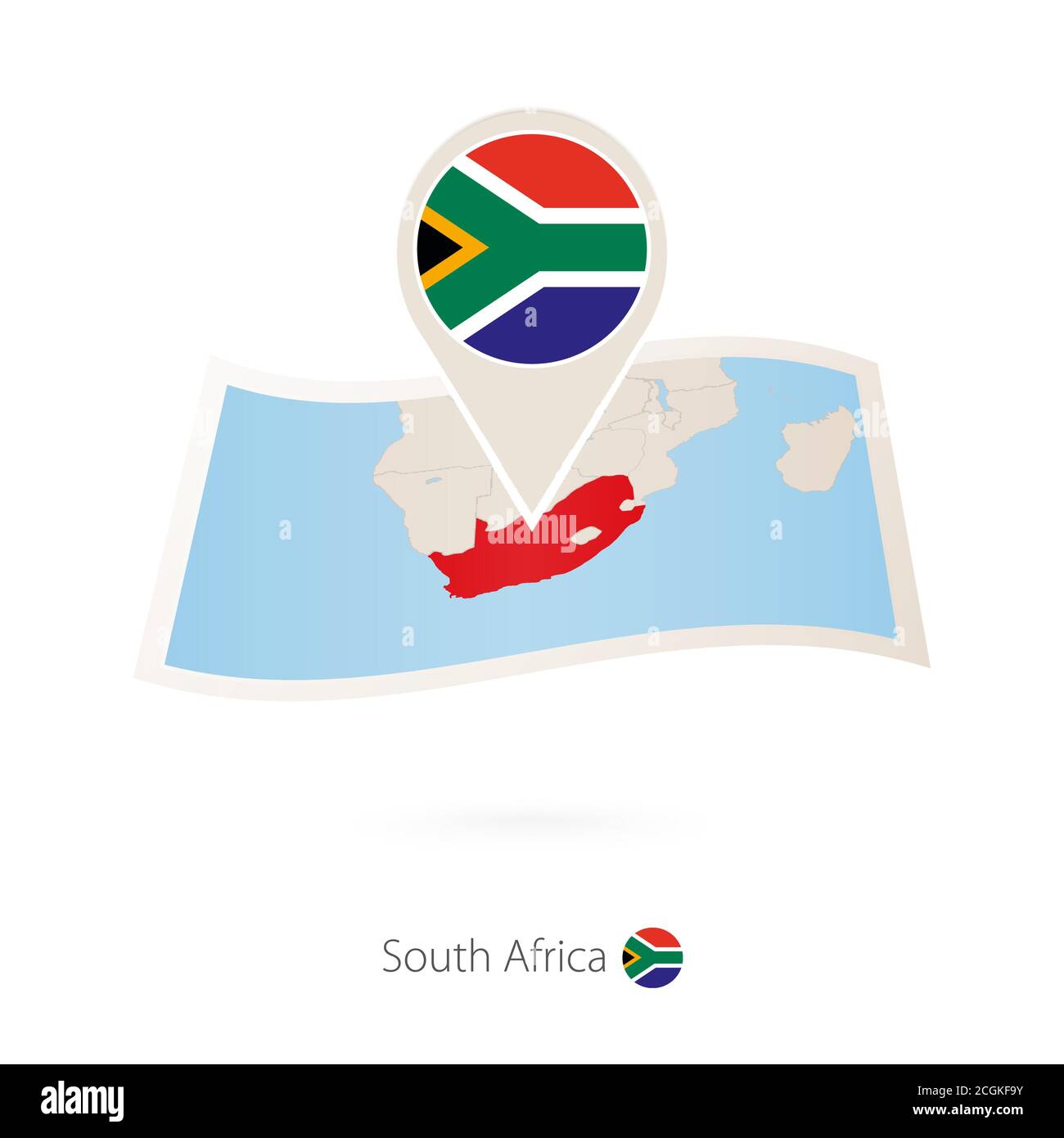 Mappa su carta piegata del Sud Africa con bandiera del Sud Africa. Illustrazione vettoriale Illustrazione Vettoriale