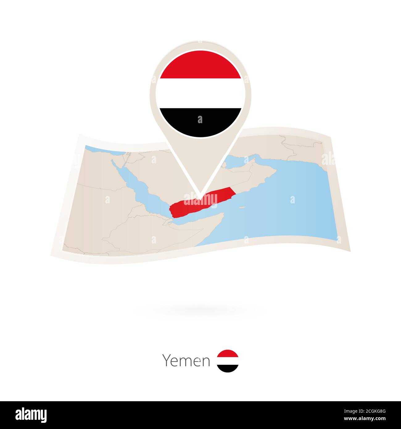 Mappa su carta piegata dello Yemen con bandiera dello Yemen. Illustrazione vettoriale Illustrazione Vettoriale