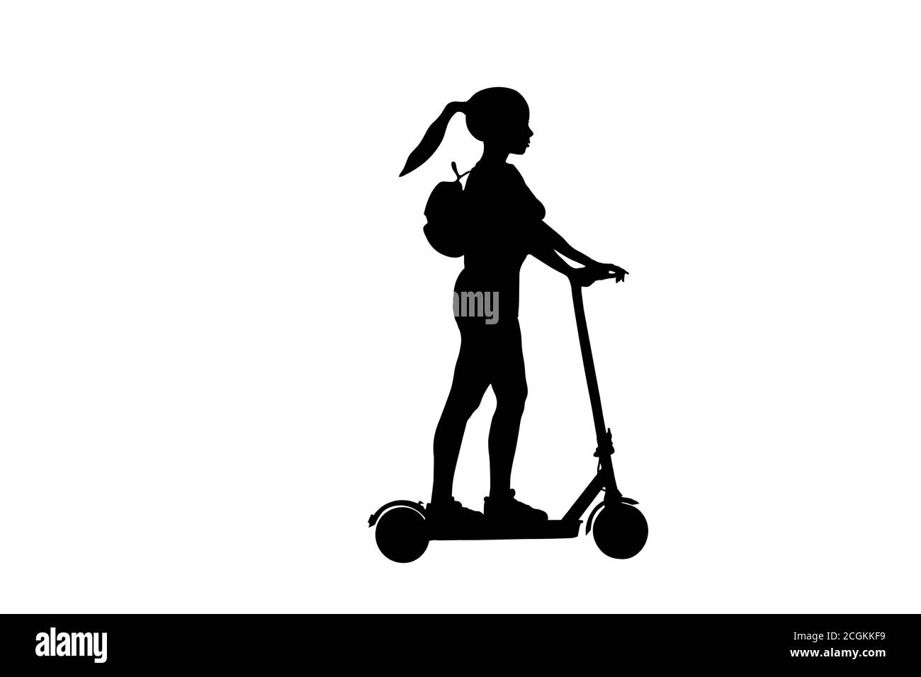 silhouette di una giovane donna che guida uno scooter elettrico con uno zaino. Concetto di trasporto ecologico preferito dai giovani millennial Foto Stock