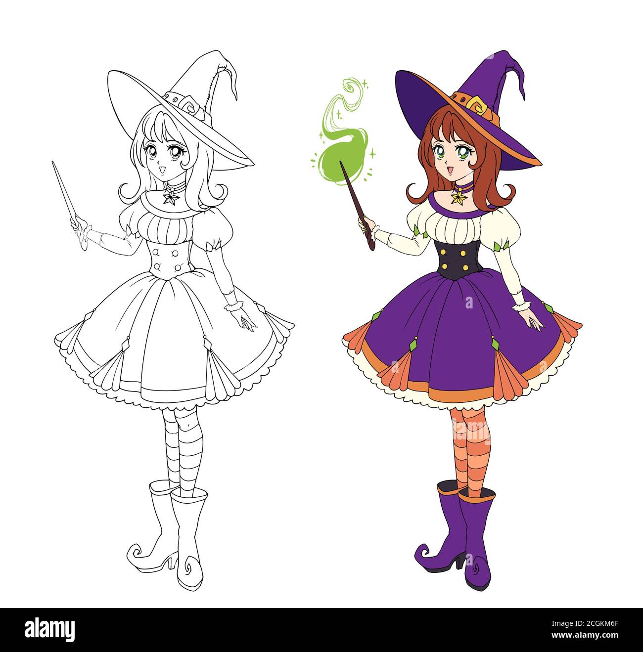 Bella strega anime con bacchetta magica. Capelli rossi, abito viola e cappello grande. Illustrazione vettoriale disegnata a mano per libro da colorare. Isolato su bianco Illustrazione Vettoriale