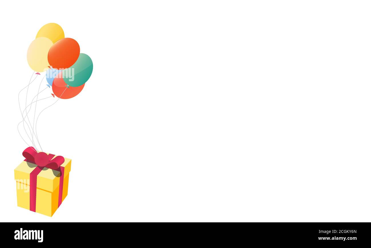 Il regalo vola su palloncini colorati vettore disegno di illustrazione piatta. Celebrazione biglietto d'auguri creativo Illustrazione Vettoriale