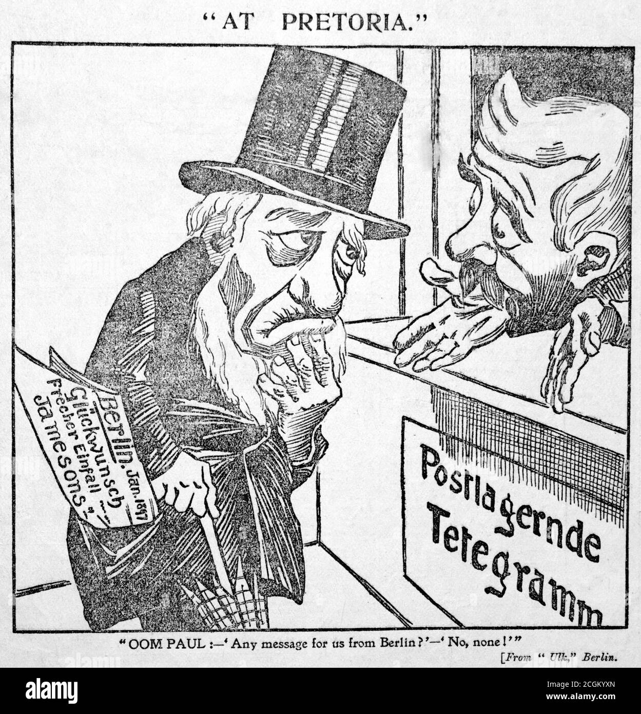 Un giornale storico contemporaneo dal titolo 'a Pretoria' che mostra Oom Paul ad un ufficio telegramma con la didascalia 'Oom Paul:- 'qualche messaggio per noi da Berlino?' - 'No, nessuno!' '. Ristampato da Ulk, Berlino e pubblicato nella Daily Mail il 23 novembre 1899. Foto Stock