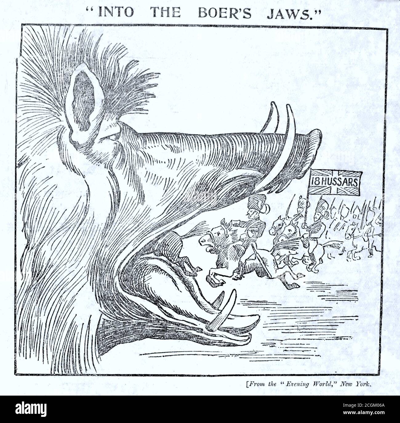 Un giornale storico contemporaneo dal titolo 'Into the Boer's Jaws' che mostra il 18° Hussars britannico che si carica nella bocca di un grande boer. Ristampato da The Evening World, New York, e pubblicato su The Daily Mail il 23 novembre 1899. Foto Stock