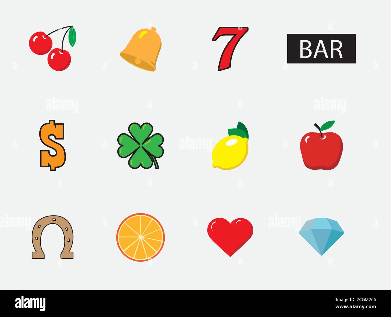 Set di simboli slot Machine. Illustrazione vettoriale. Illustrazione Vettoriale