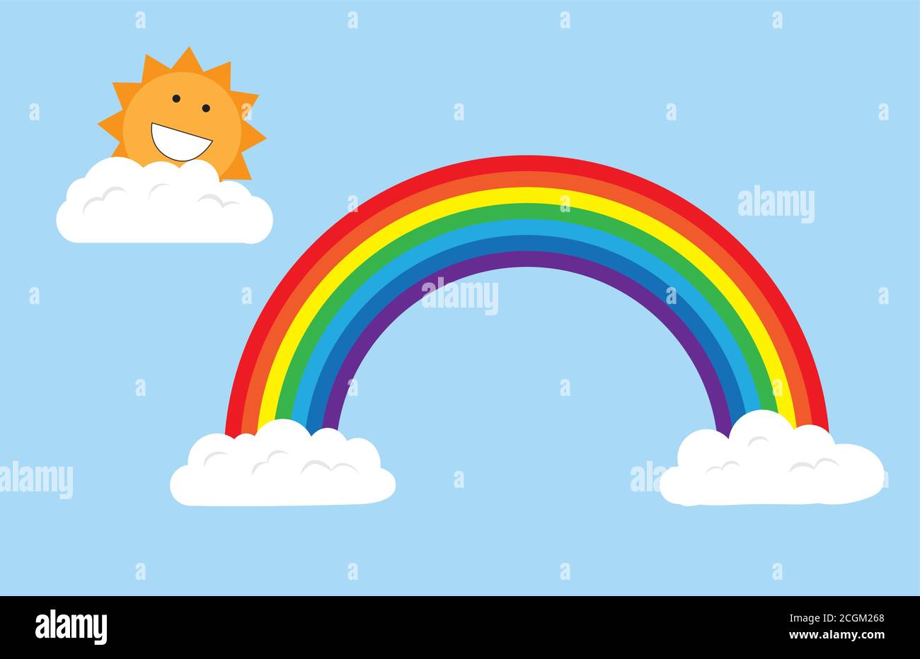 Il sole sorridente si stende da dietro una nuvola e un arcobaleno. Illustrazione Vettoriale