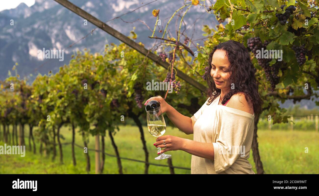 Giovane donna con un bicchiere di vino bianco nei vigneti d'Italia. Persona che versa il vino. Spazio libero per il testo. Foto di alta qualità Foto Stock