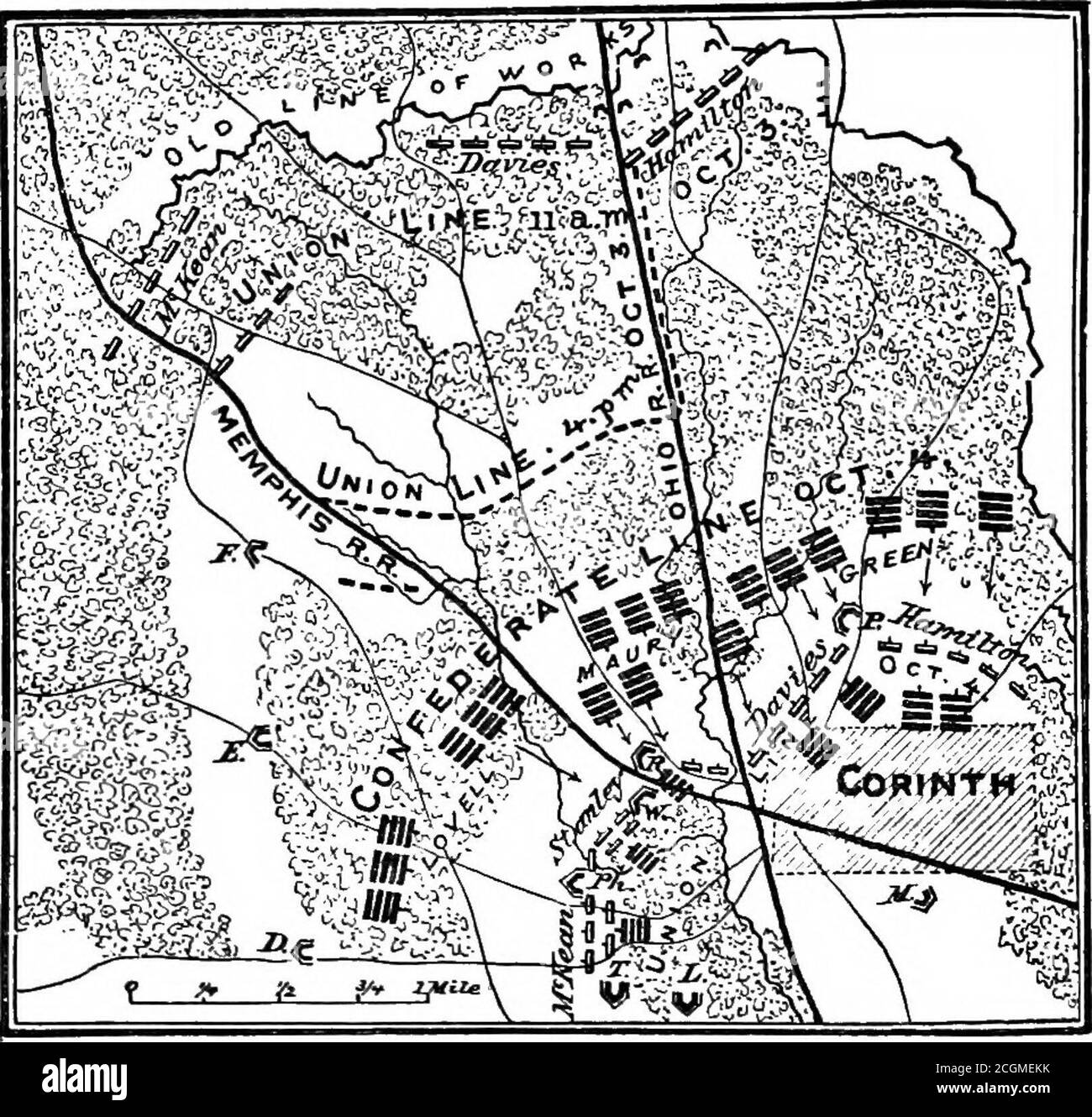 . L'esercito nella guerra civile.. . theMemphis e Charleston Eailroad; Prices corps era sul theleft, nell'angolo fra le due ferrovie, Maurys division, con due brigate in linea ed una in riserva, collegato con Lovell, e Heberts (ex littles) divisione, similmente formato, su Maurys sinistra. Jacksons Cavaby bri-gade era sulla destra di tutta la linea, e Armstrongs sulla sinistra. Van Dorns intendeva aprire l'attacco con la divisione Lovells, nella speranza che Eosecrans si rafforzasse la sua sinistra ritirandosi dalla sua destra, e poi la sua forza principale, sotto Price, doveva fare il principale Foto Stock