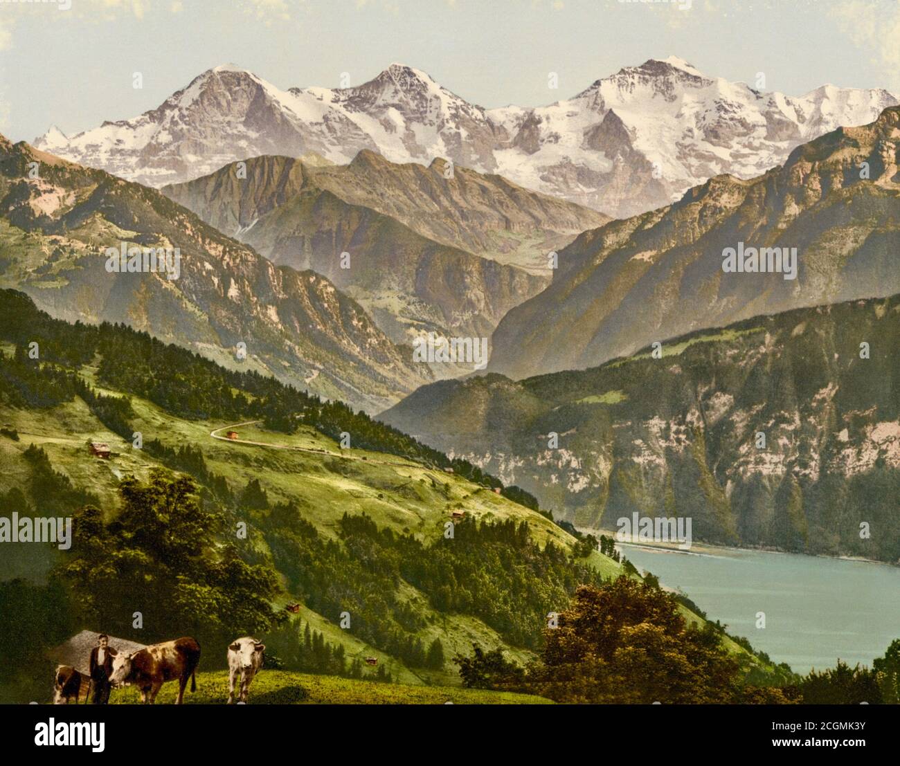 Veduta di Jungfrau, Monch e Eiger da Beatenberg, Interlaken, Berna, Svizzera 1890. Foto Stock