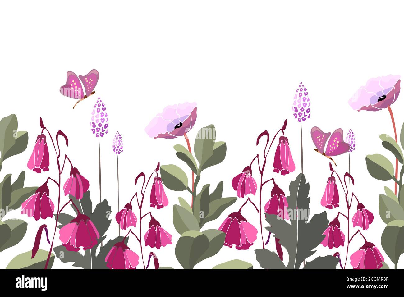 Motivo floreale vettoriale senza cuciture, bordo. Sfondo estivo con fiori rosa. Illustrazione Vettoriale
