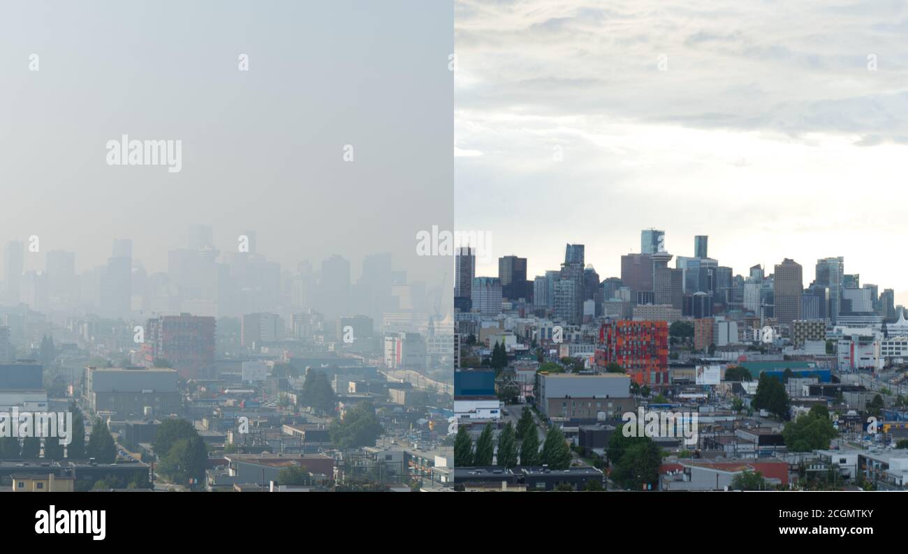 Vancouver City, BC Canada, vista da prima e durante gli incendi boschivi da West of America - estate 2020 Foto Stock