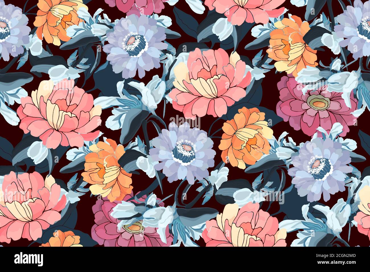 Motivo floreale vettoriale senza cuciture. Zinnie rosa, arancio, blu, peonie. Illustrazione Vettoriale