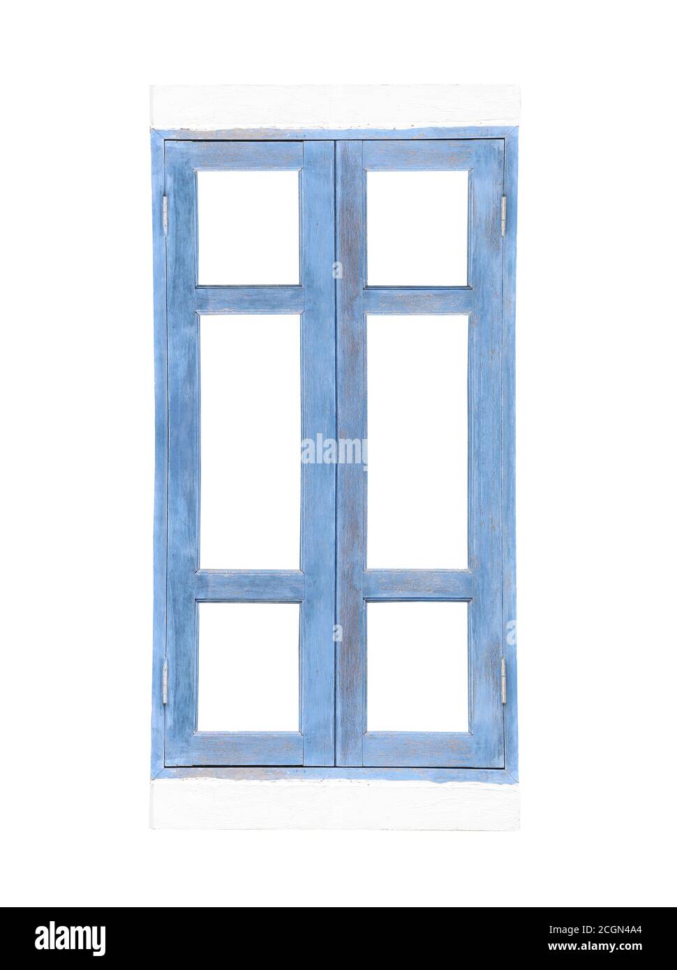 Vecchia finestra in legno blu vintage isolato su sfondo bianco e hanno sentieri di ritaglio. Foto Stock