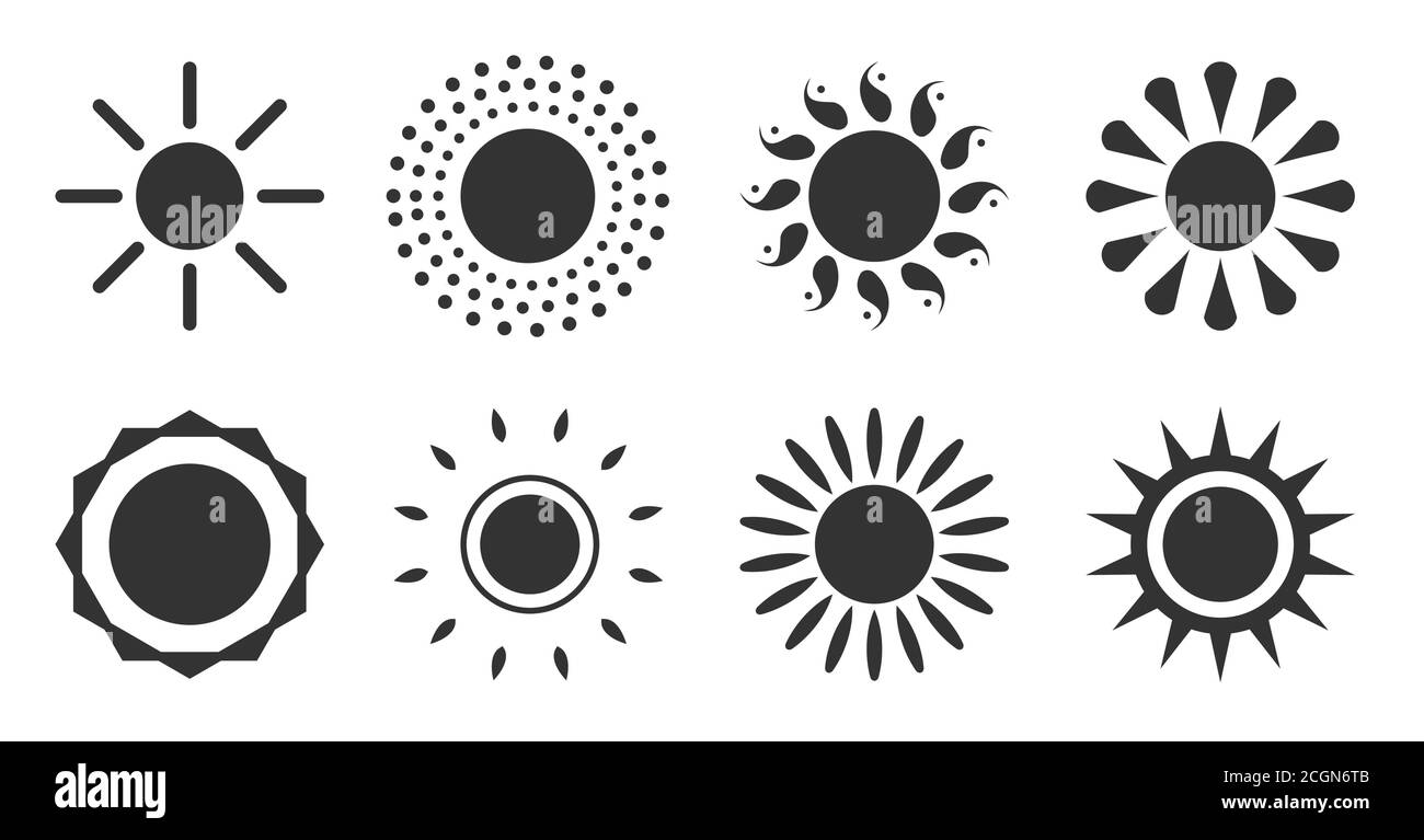 Insieme di sole con le icone di glifo di raggio. La silhouette semplice nera indica una mattina calda e soleggiata. Pittogramma estivo, simbolo grafico meteo. Modello per l'applicazione Web di meteorologia del design del logo. Illustrazione vettoriale isolata Illustrazione Vettoriale
