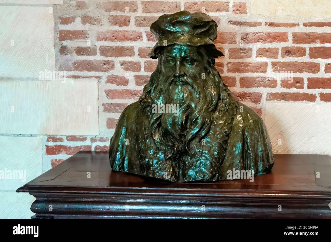 Amboise, Francia - 31 ottobre 2013: Busto raffigurante Leonardo da Vinci, nel seminterrato del Chateau du Clos luce dove visse gli ultimi anni del suo lif Foto Stock