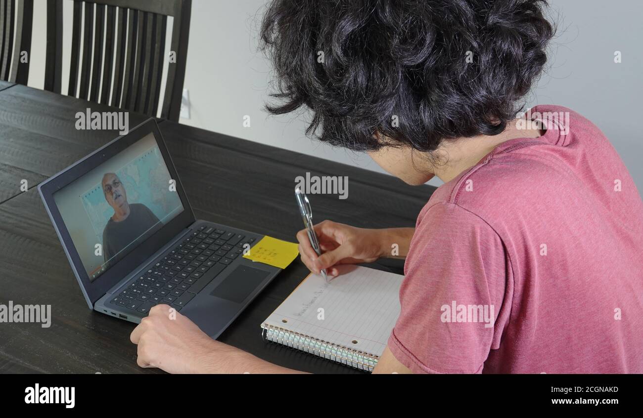 Ragazzo adolescente di etnia mediorientale che fa scuola superiore remota in tempi di Covid-19, seduto al tavolo prendendo appunti da un computer portatile. Foto Stock