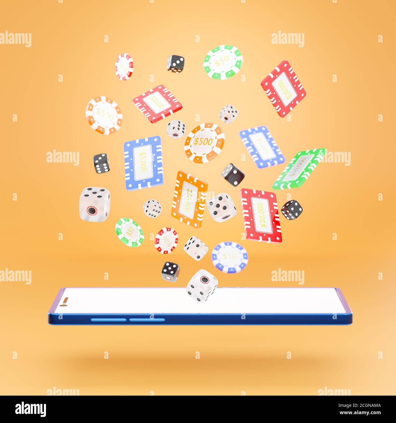 I dadi e le schegge di gioco che volano fuori dallo schermo del telefono cellulare blu su uno sfondo arancione. Il concetto di gioco d'azzardo online. Rendering 3D Foto Stock