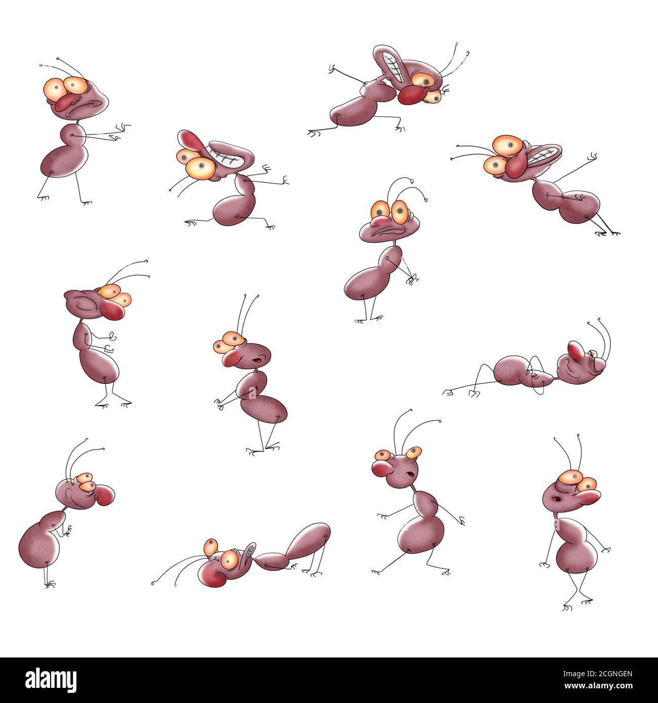 Set di formiche di cartoni animati in pose divertenti. Illustrazione su sfondo bianco. Foto Stock