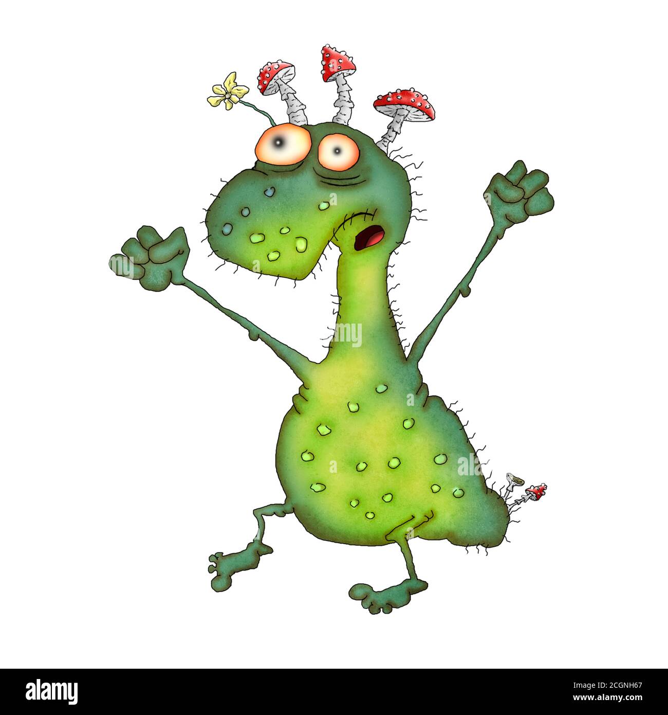 Mostro verde con funghi sulla testa. Illustrazione su sfondo bianco. Foto Stock