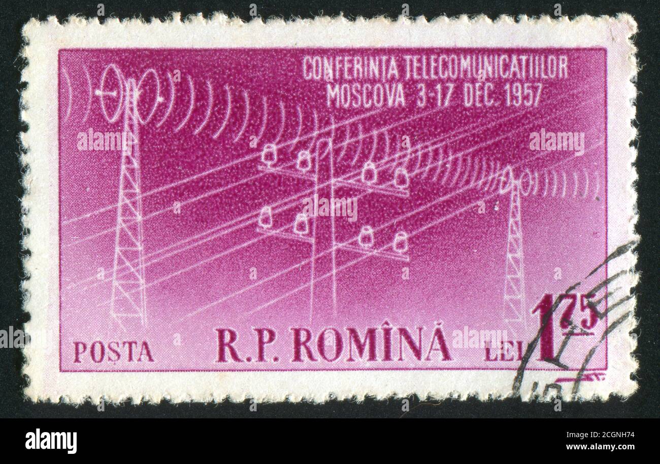 ROMANIA - CIRCA 1957: Francobollo stampato dalla Romania, mostra Telegraph palo e fili, circa 1957 Foto Stock