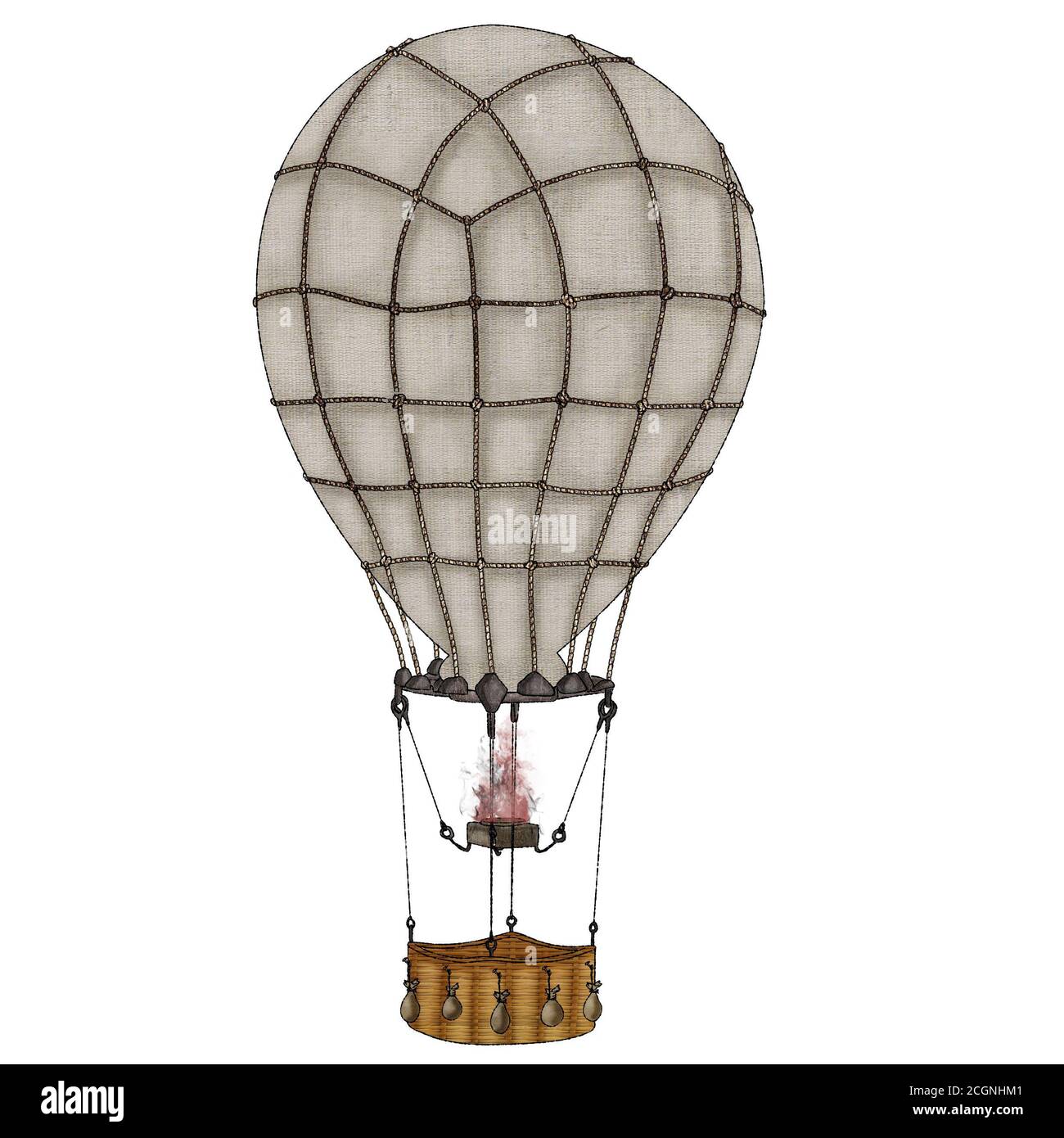 Mongolfiera. Un antico mezzo di viaggio stilizzato attraverso l'aria. Illustrazione per la progettazione su sfondo bianco. Foto Stock