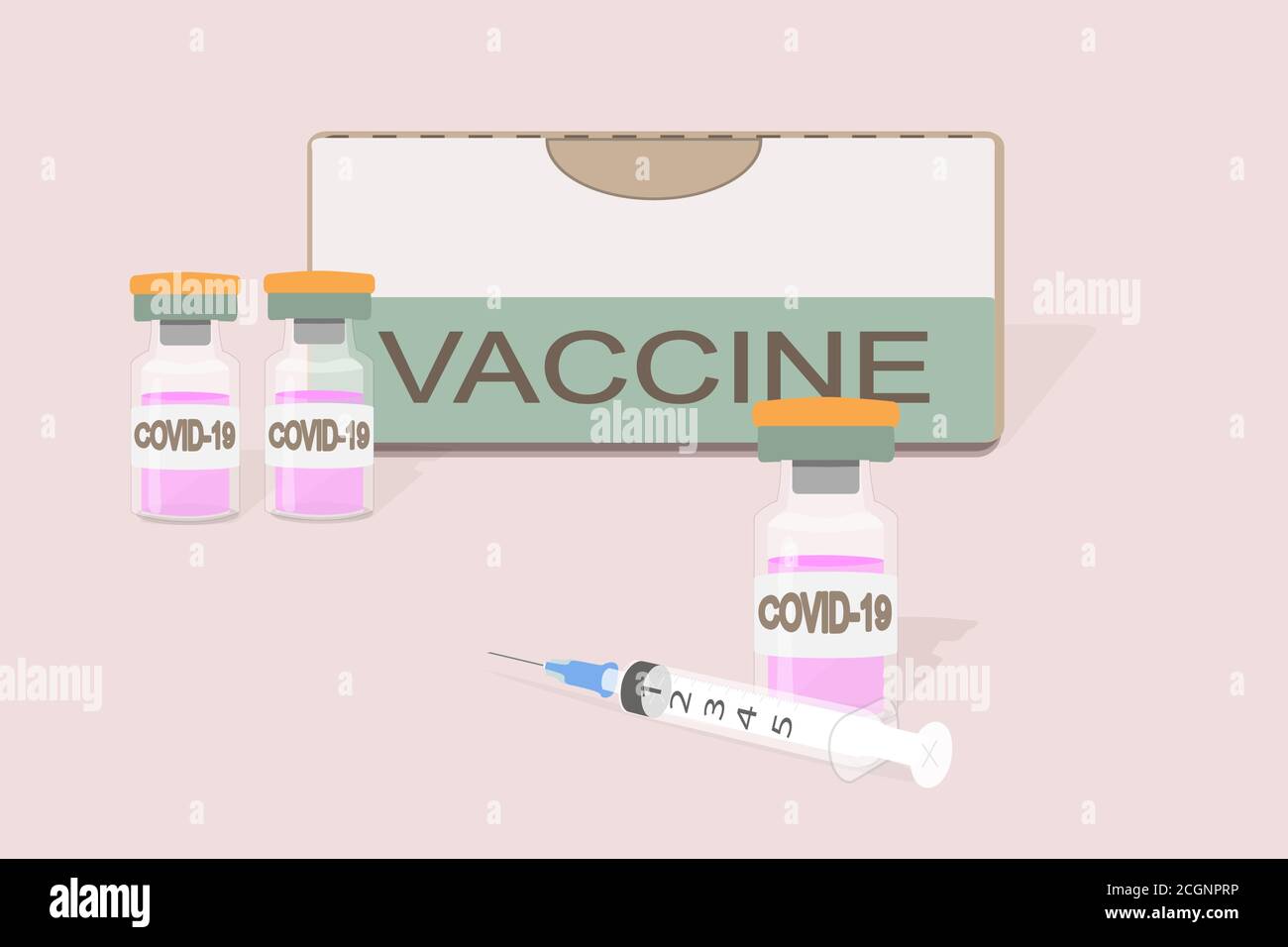 Siringa monouso da 5 mm, confezione per vaccino e tre flaconcini con vaccino rosa e la scritta Covid-19 su sfondo rosa Illustrazione Vettoriale
