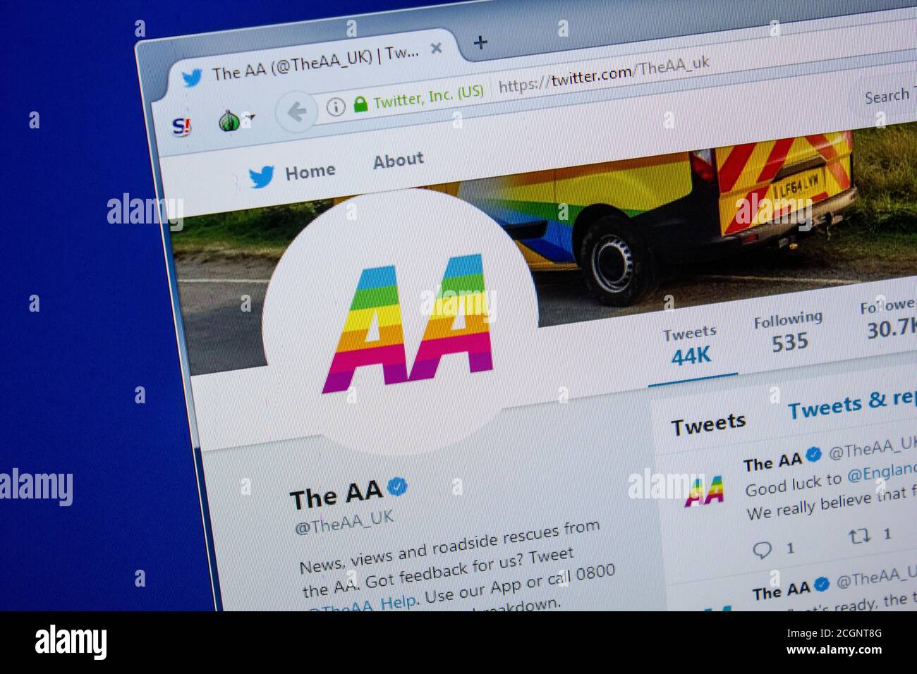 Ryazan, Russia - 11 luglio 2018: Twitter di AA Insurance sito web sul display del PC Foto Stock