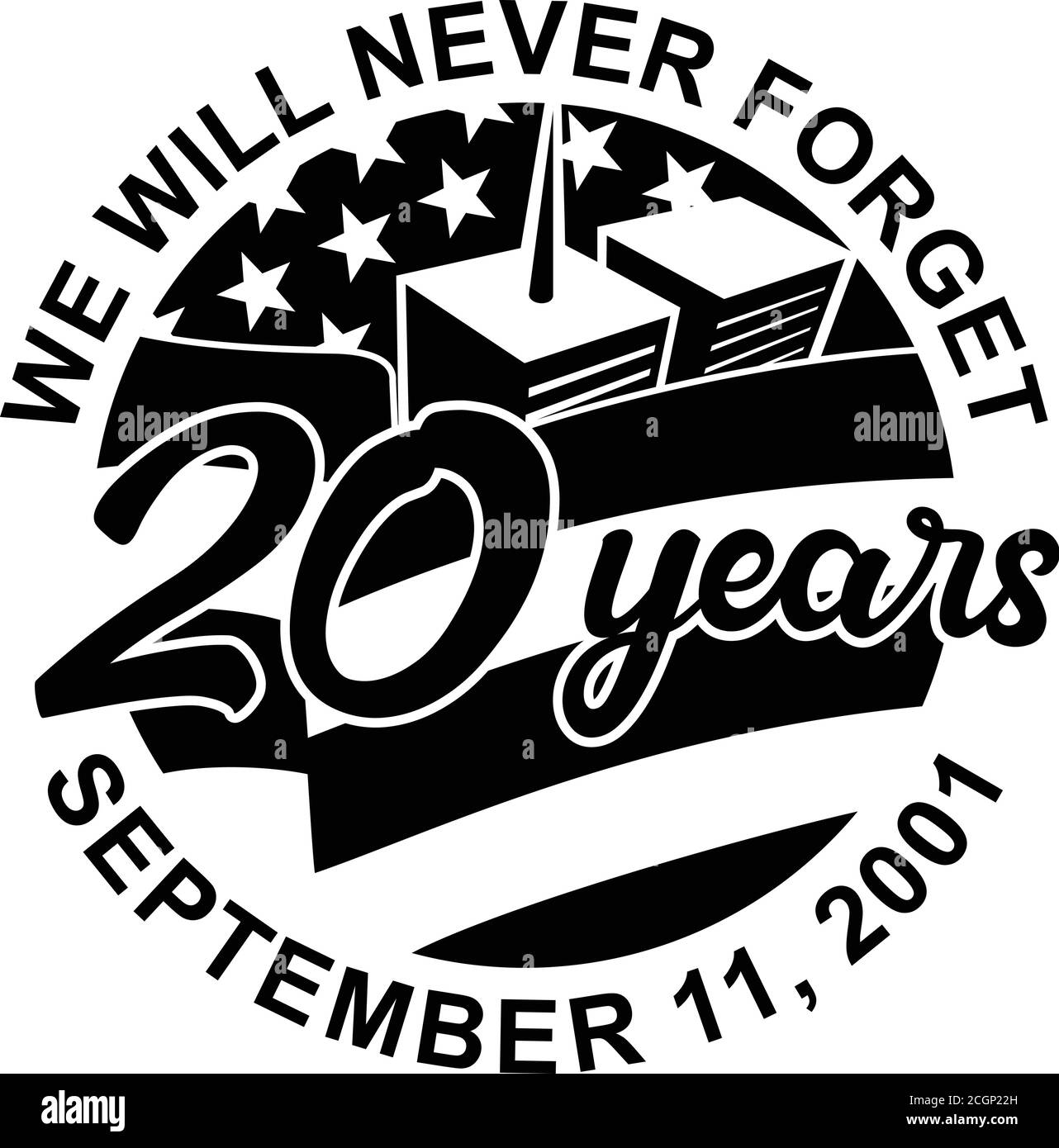 Illustrazione in stile retrò del 9-11 Patriot Day Memorial che mostra WTC edificio e americana bandiera degli Stati Uniti con parole che non dimenticheremo mai 11 settembre 2001 20 Illustrazione Vettoriale