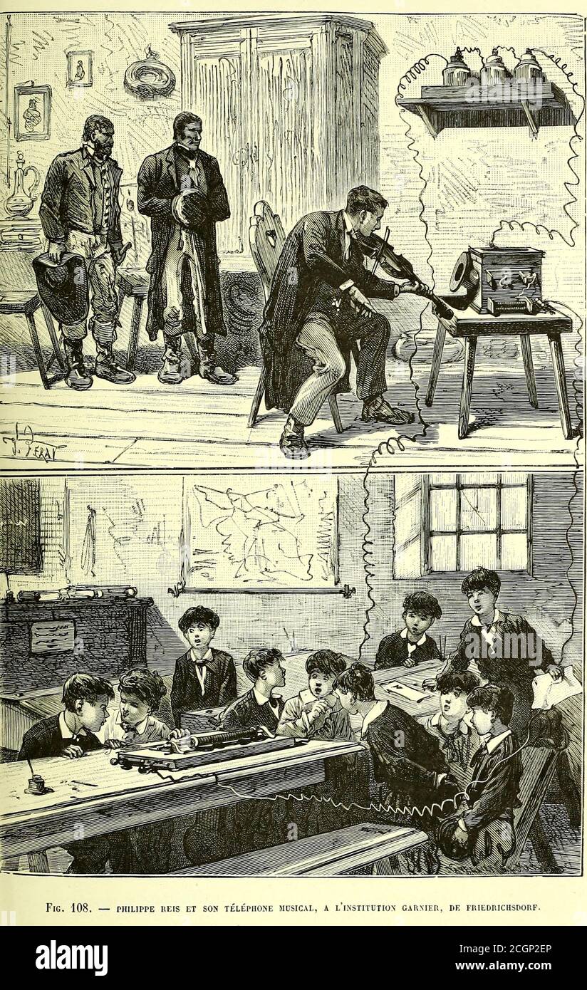 Il trasmettitore e ricevitore telefonico Reis. Johann Philipp Reis Johann Philipp Reis (Berlino, 7 gennaio 1834 – Berlino, 14 gennaio 1874) è stato un . Nel 1861, costruì il primo telefono per fare-e-break, oggi chiamato il telefono Reis. Dal Libro Les merveilles de la science, ou Descrizione populaire des invenzioni modernes [le meraviglie della scienza, o Descrizione popolare delle invenzioni moderne] di Figuier, Louis, 1819-1894 pubblicato a Parigi 1867 Foto Stock