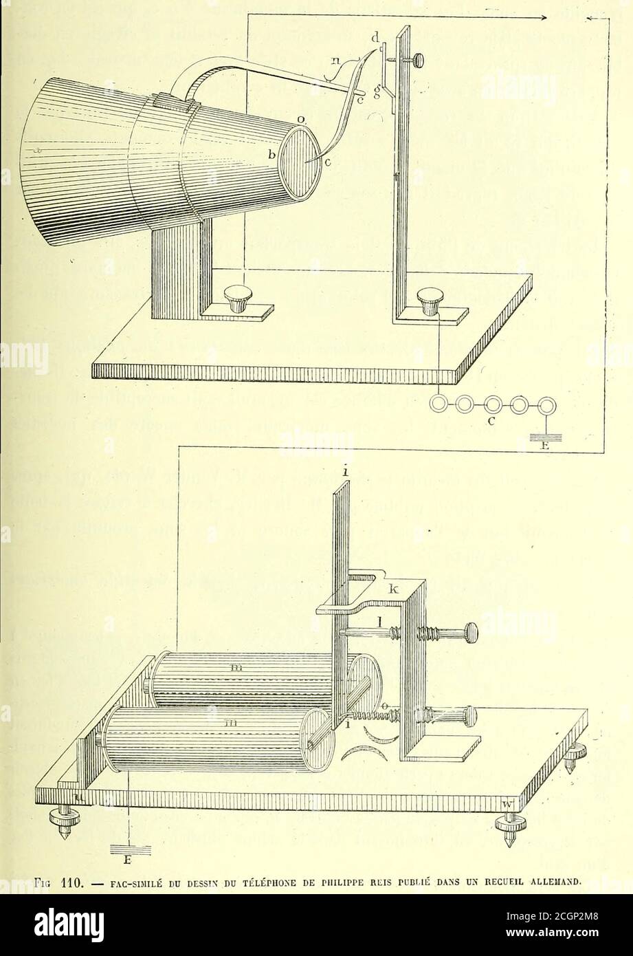 Il trasmettitore e ricevitore telefonico Reis. Johann Philipp Reis Johann Philipp Reis (Berlino, 7 gennaio 1834 – Berlino, 14 gennaio 1874) è stato un . Nel 1861, costruì il primo telefono per fare-e-break, oggi chiamato il telefono Reis. Dal Libro Les merveilles de la science, ou Descrizione populaire des invenzioni modernes [le meraviglie della scienza, o Descrizione popolare delle invenzioni moderne] di Figuier, Louis, 1819-1894 pubblicato a Parigi 1867 Foto Stock