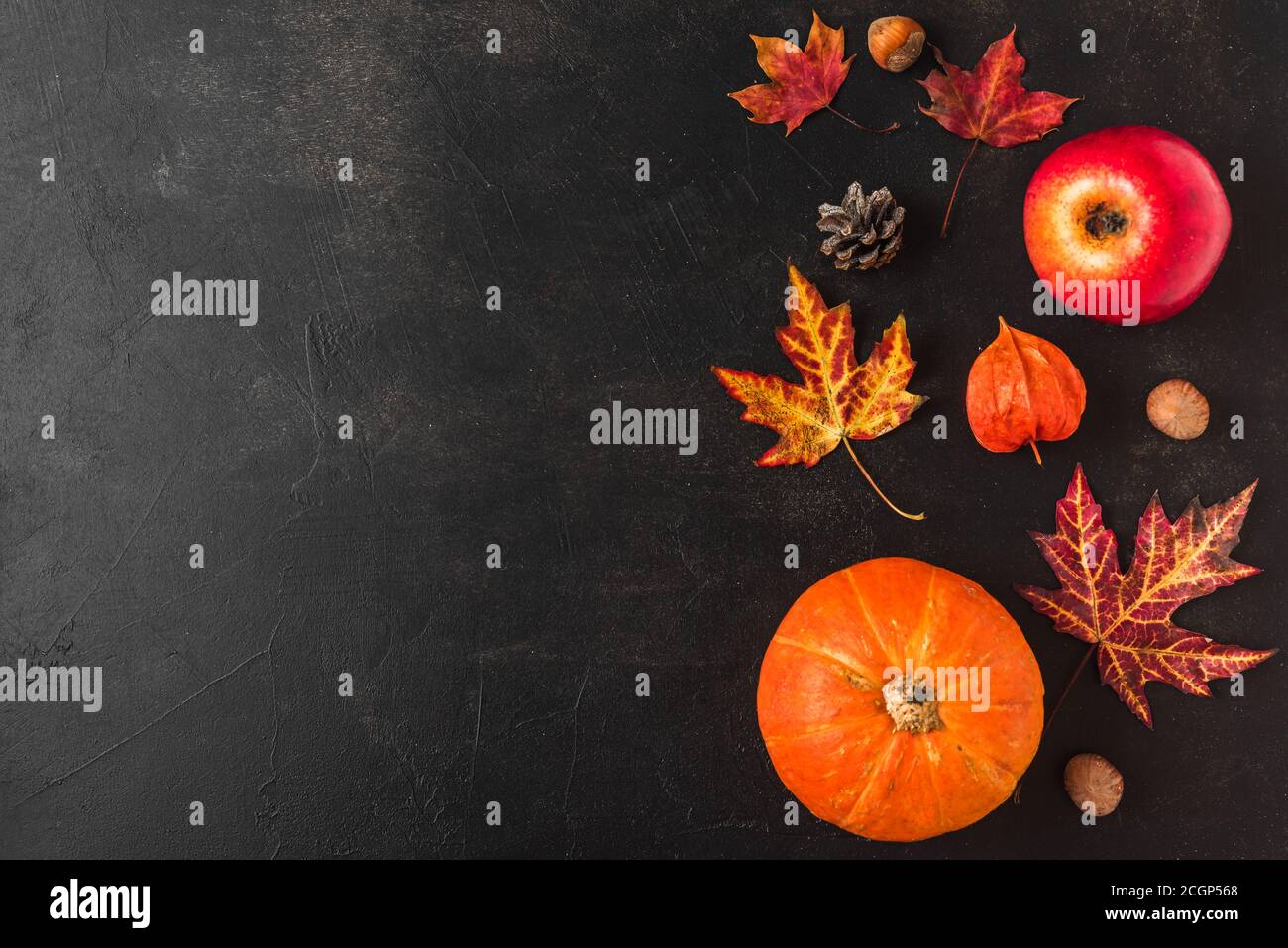 Composizione autunnale o di ringraziamento fatta di foglie autunnali, fiori, zucca, mela su fondo nero. Disposizione piatta, vista dall'alto con spazio per la copia Foto Stock