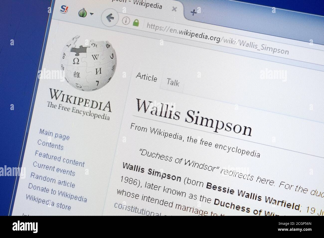 Ryazan, Russia - 19 agosto 2018: Pagina di Wikipedia su Wallis Simpson sul display del PC Foto Stock