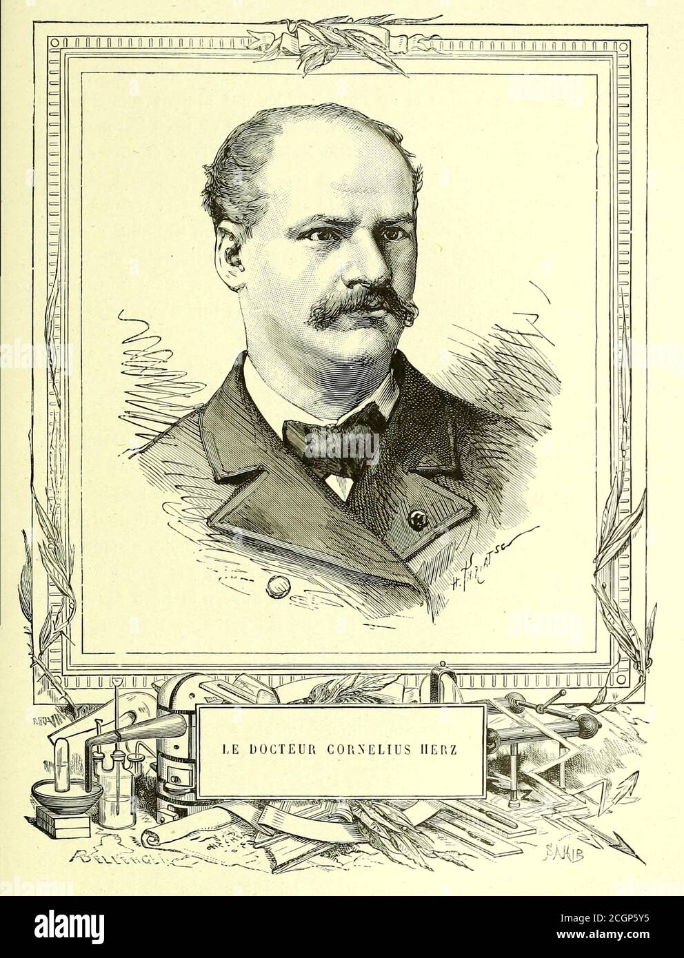 Dr. Cornelius Herz (precedentemente scritto Hertz) (3 settembre 1845 - 6 luglio 1898). Era un medico francese-americano, elettricista, uomo d'affari e famoso politico di origine ebraica tedesca, implicato negli scandali di Panama. Dal Libro Les merveilles de la science, ou Descrizione populaire des invenzioni modernes [le meraviglie della scienza, o Descrizione popolare delle invenzioni moderne] di Figuier, Louis, 1819-1894 pubblicato a Parigi 1867 Foto Stock