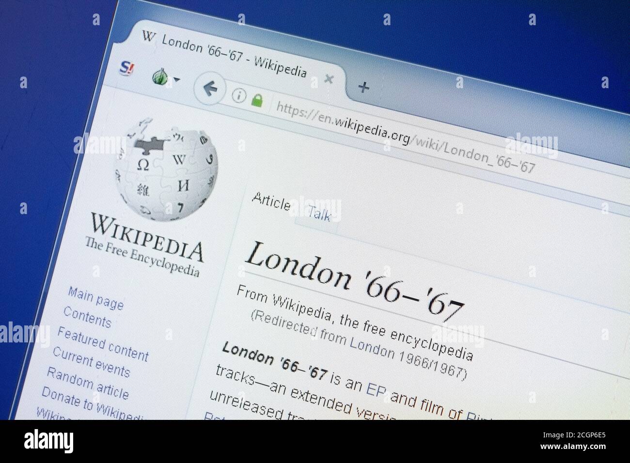 Ryazan, Russia - 19 agosto 2018: Pagina di Wikipedia su Londra '66-'67 sul display del PC Foto Stock