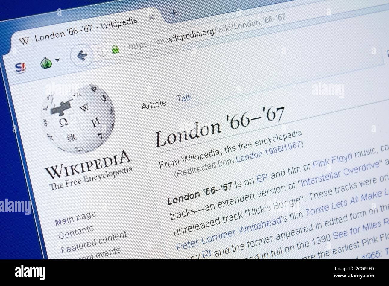 Ryazan, Russia - 19 agosto 2018: Pagina di Wikipedia su Londra '66-'67 sul display del PC Foto Stock