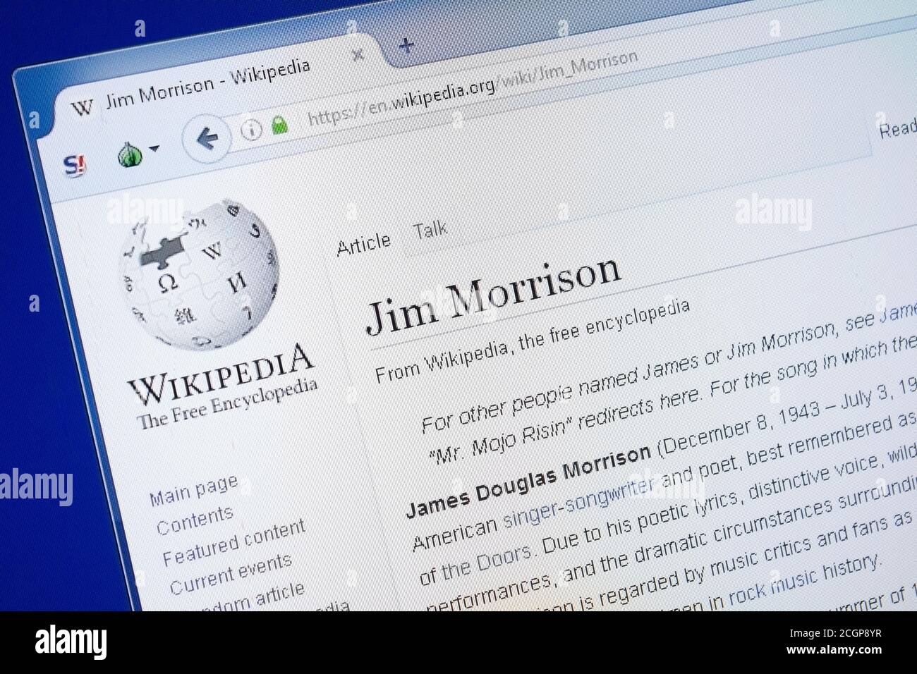 Ryazan, Russia - 19 agosto 2018: Pagina di Wikipedia su Jim Morrison sul display del PC Foto Stock