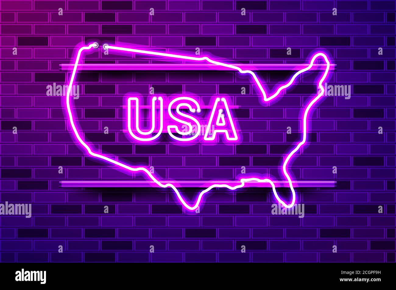 Mappa degli Stati Uniti con un'insegna viola brillante per la lampada al neon Illustrazione Vettoriale