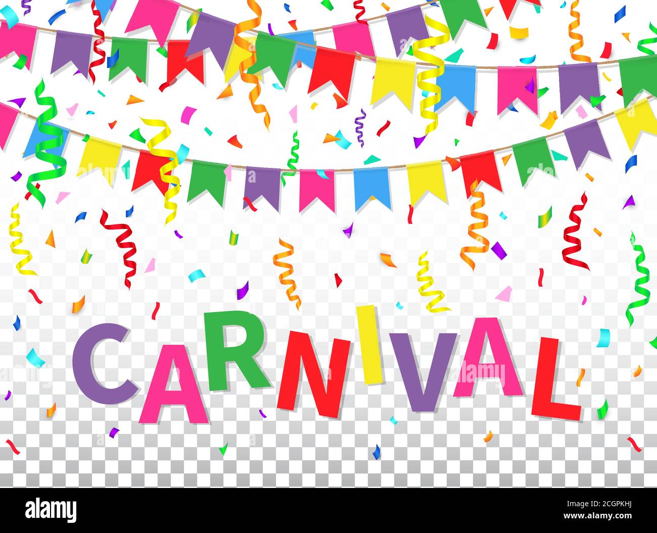 Biglietto d'auguri di Carnevale con bandiere colorate, confetti, nastri e testo su sfondo trasparente. Modello di disegno a colori per il tradizionale carnevale Illustrazione Vettoriale
