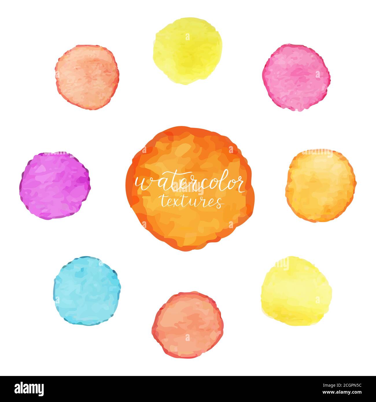 Cerchi colorati di vernice acquerello. Set di macchie acquerello su sfondo bianco. Illustrazione vettoriale Illustrazione Vettoriale