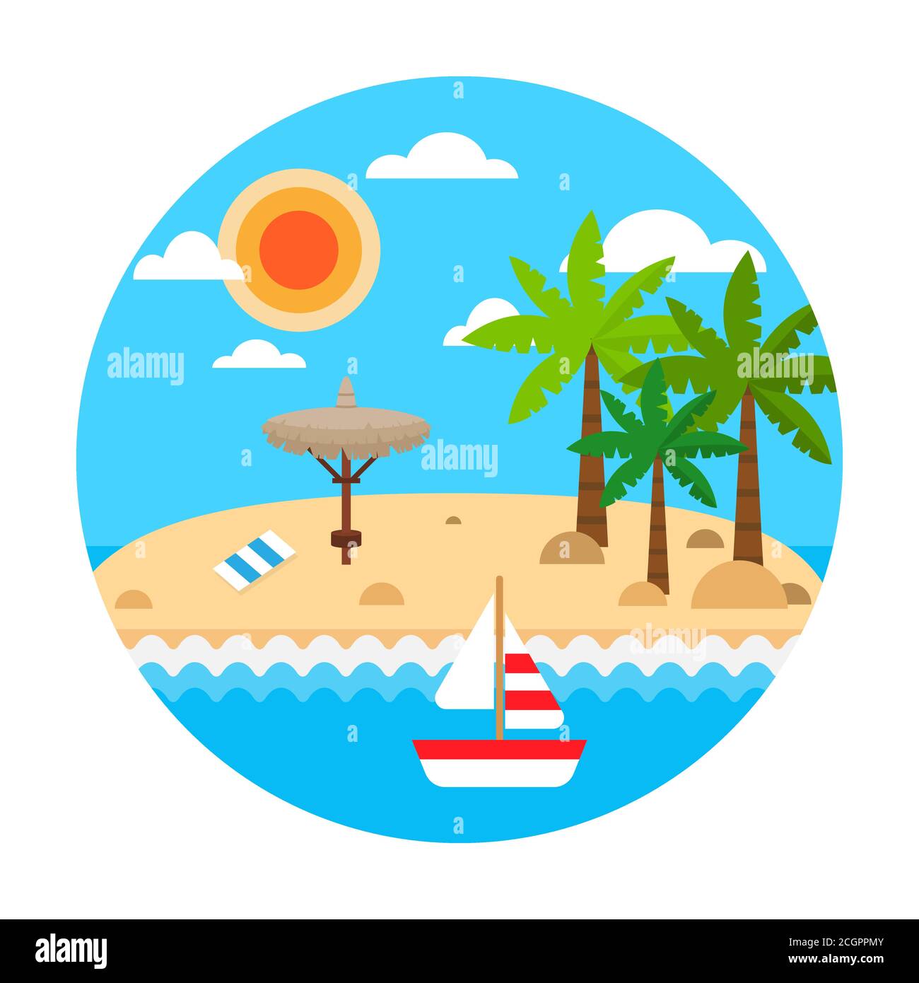 Concetto di viaggio. Vacanza estiva sulla spiaggia di sabbia. Vetector banner di viaggio estivo con onde, palme, ombrelli di paglia, veliero, nuvole. Spiaggia tropicale Illustrazione Vettoriale