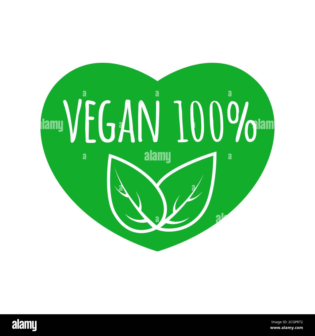 Segno di cibo vegano con foglie in forma di cuore. Logo vettoriale vegano. Logo ecologico. Badge di cibo sano e grezzo Illustrazione Vettoriale