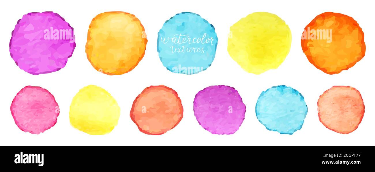 Set di cerchi color acqua arcobaleno. Elementi vettoriali cerchiati ad acquerello per la progettazione. Sfondo cerchiato acquerello. Illustrazione vettoriale Illustrazione Vettoriale