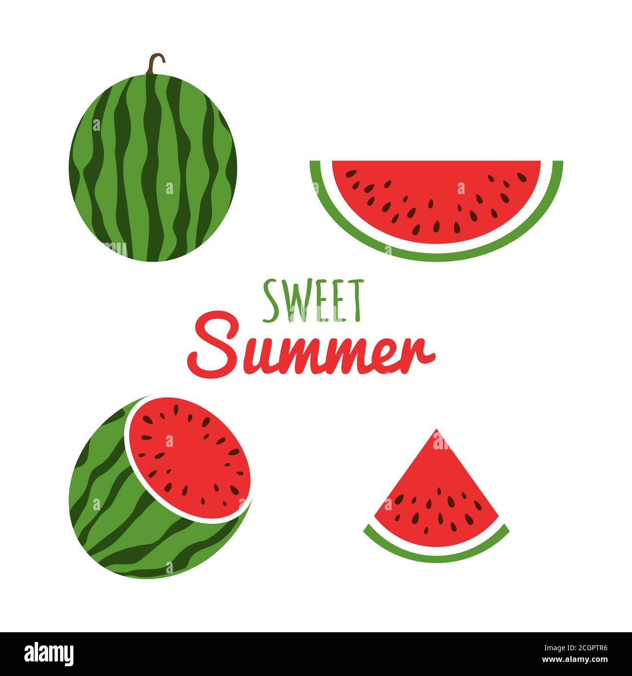 Set di cocomeri per succhi. Icona di cocomero in uno stile piatto. Fette rosse di cocomeri. Dolce sfondo estivo. Illustrazione vettoriale Illustrazione Vettoriale