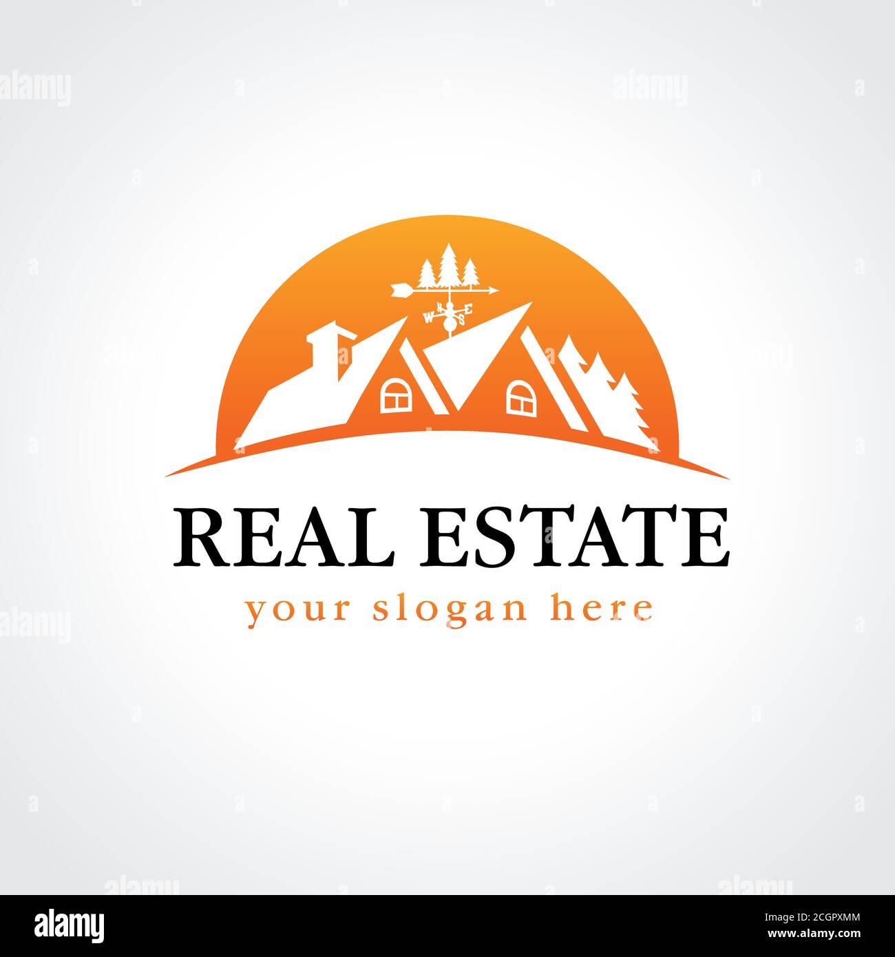 Logo vettoriale immobiliare. Casa in vendita. Firma di agenzia di bene immobile, costruzione, affitto casa, investire o affari di paesaggio. Marchio casa di campagna segno creativo. Illustrazione Vettoriale