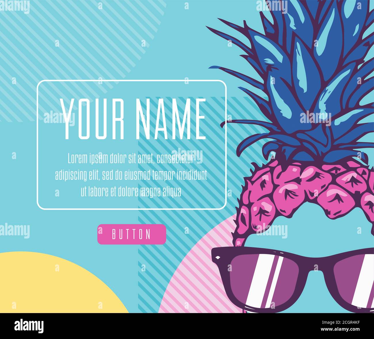 Poster primavera-estate, allegro ananas in occhiali da sole, scritte e colorato design per poster, scheda, invito, banner web. Facile da modificare per il Illustrazione Vettoriale