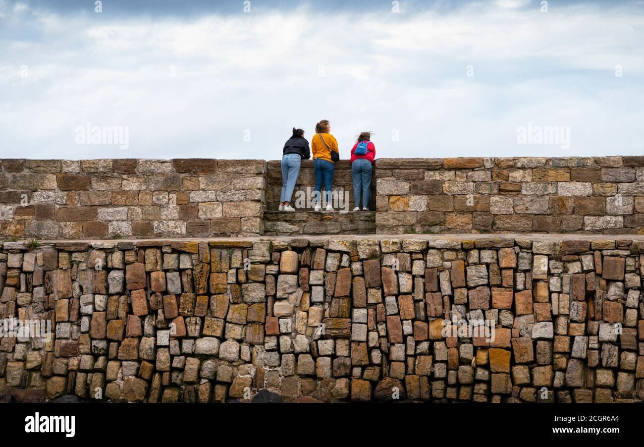 Donne sulla parete del porto guardando la vista a St Andrews, Fife, Scozia, Regno Unito Foto Stock