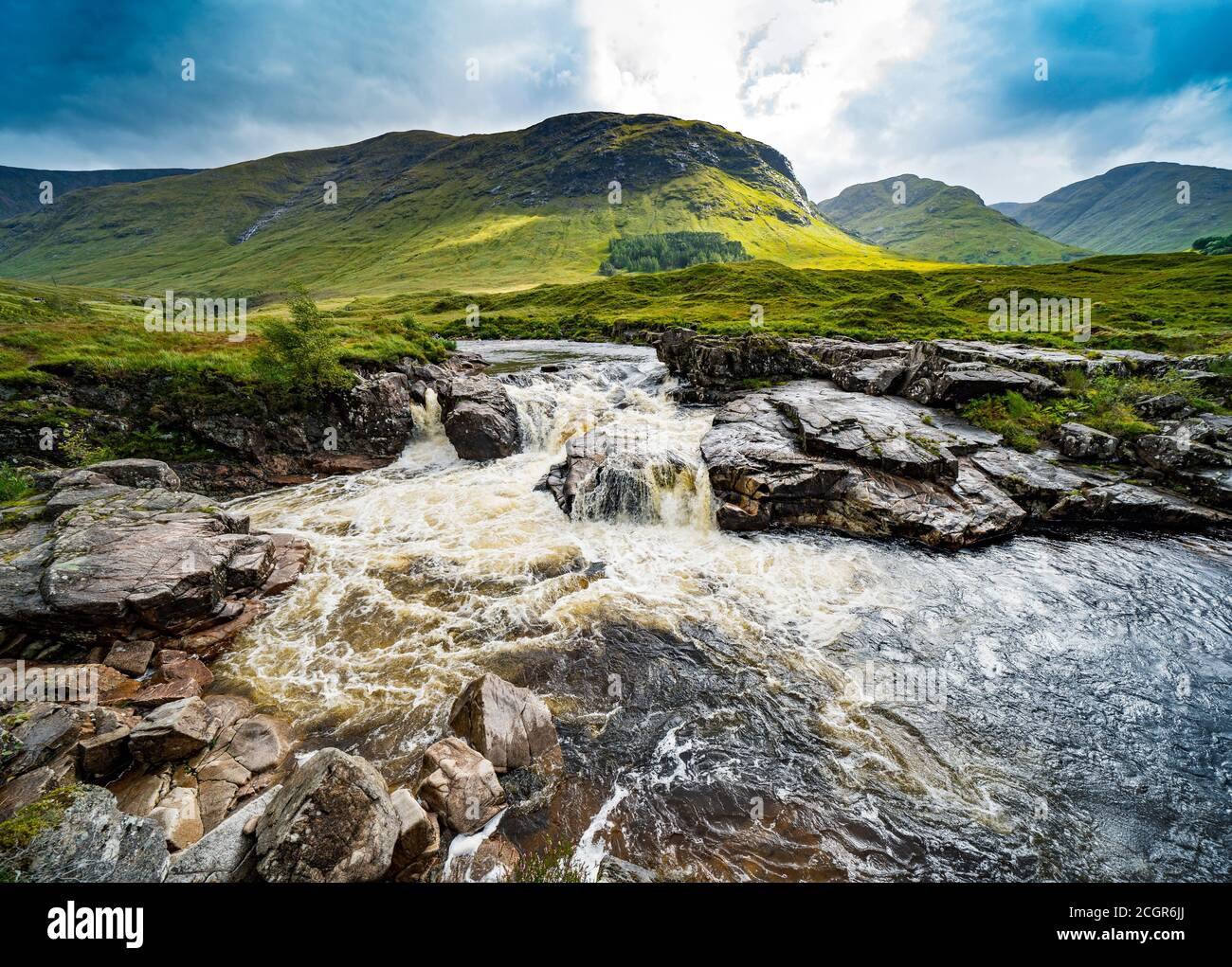 Vista del fiume Etive a Glen Etive, Highland Region, Scozia, Regno Unito Foto Stock